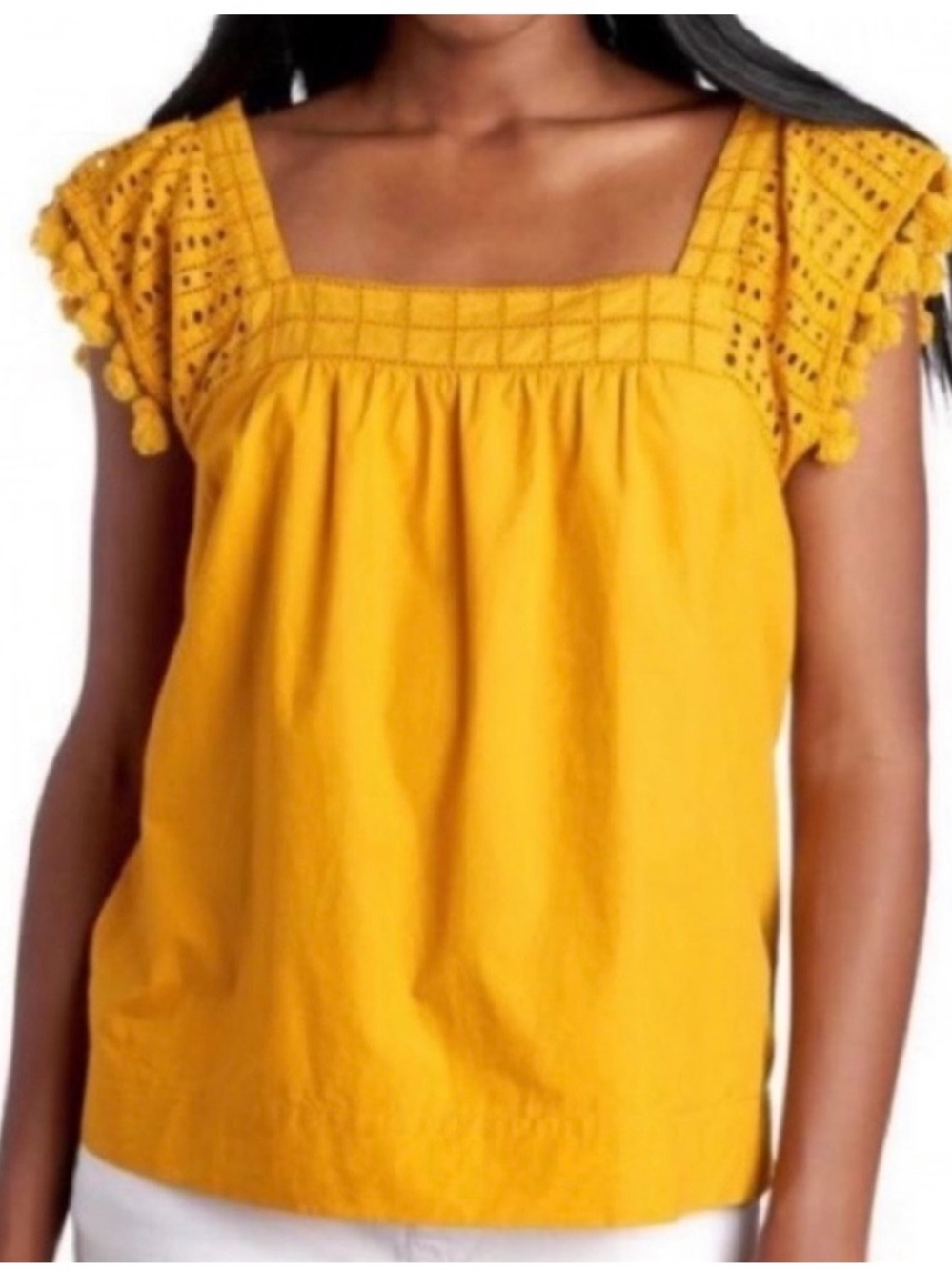 JCrew Yellow Crochet Sleeve Square Neck Women's Top